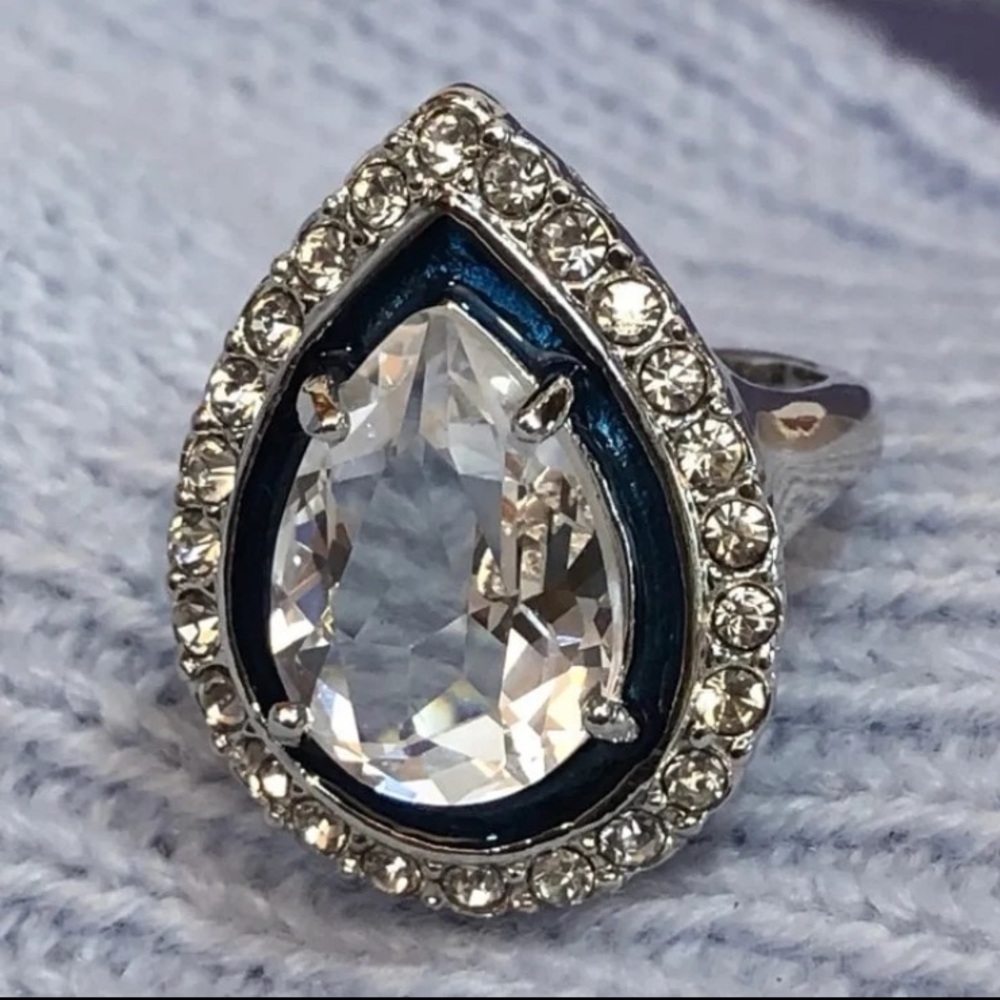 KENNETH JAY LANE Silver Cubic Zirconia & Blue Pear Cut Halo Diamond Enamel Ring